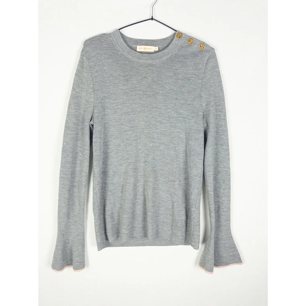 Tory Burch Merino Wool Crewneck Sweater Womens M Gray Bell Sleeve Gold Logo Quie